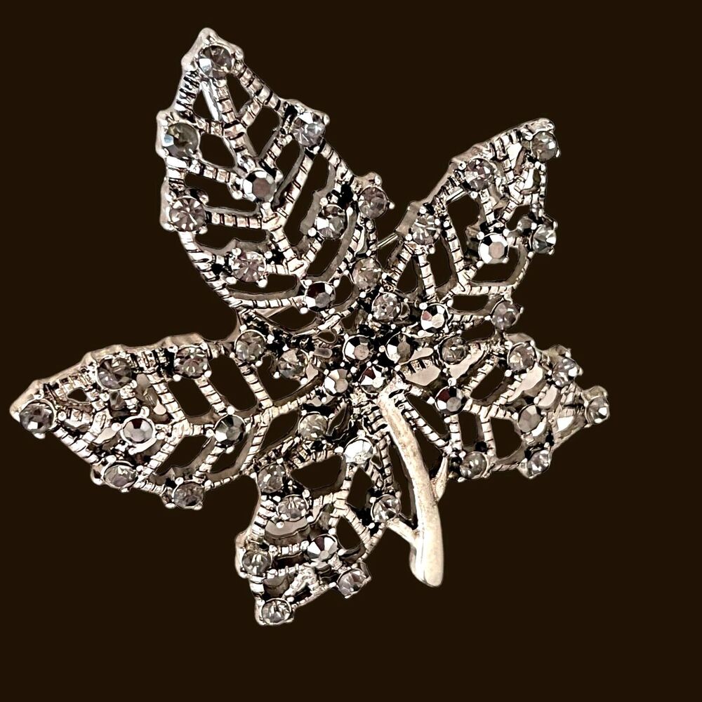 Vintage 1980s Leaf Brooch Pendant Gray Hematite Rhinestones Silver Tone - 2H